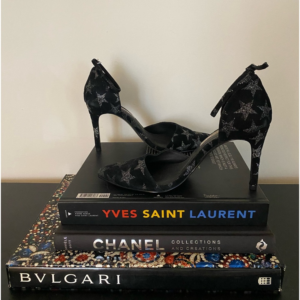 Black Suede D’Orsay Pump with Printed Stars and Ankle Strap - Picture 8 of 8